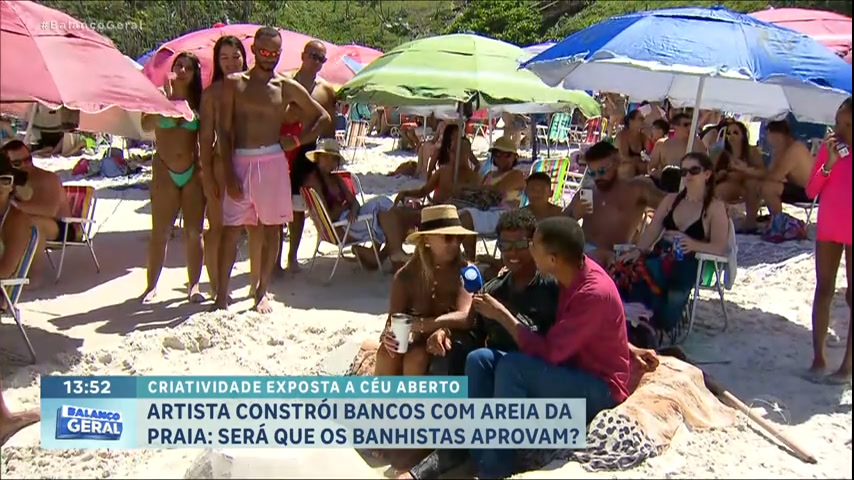 Artista inova ao construir bancos com areia em praia do Rio - RecordTV
