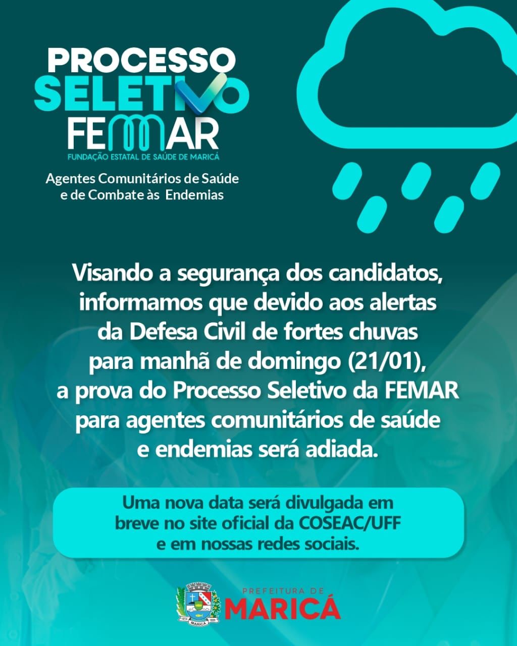Maricá: Prova do processo seletivo da Femar é adiada por conta das chuvas
