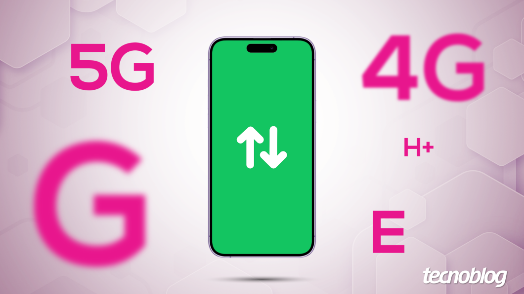 Celular com ícone de dados móveis, ao lado das siglas 5G, 4G, G, H+ e E