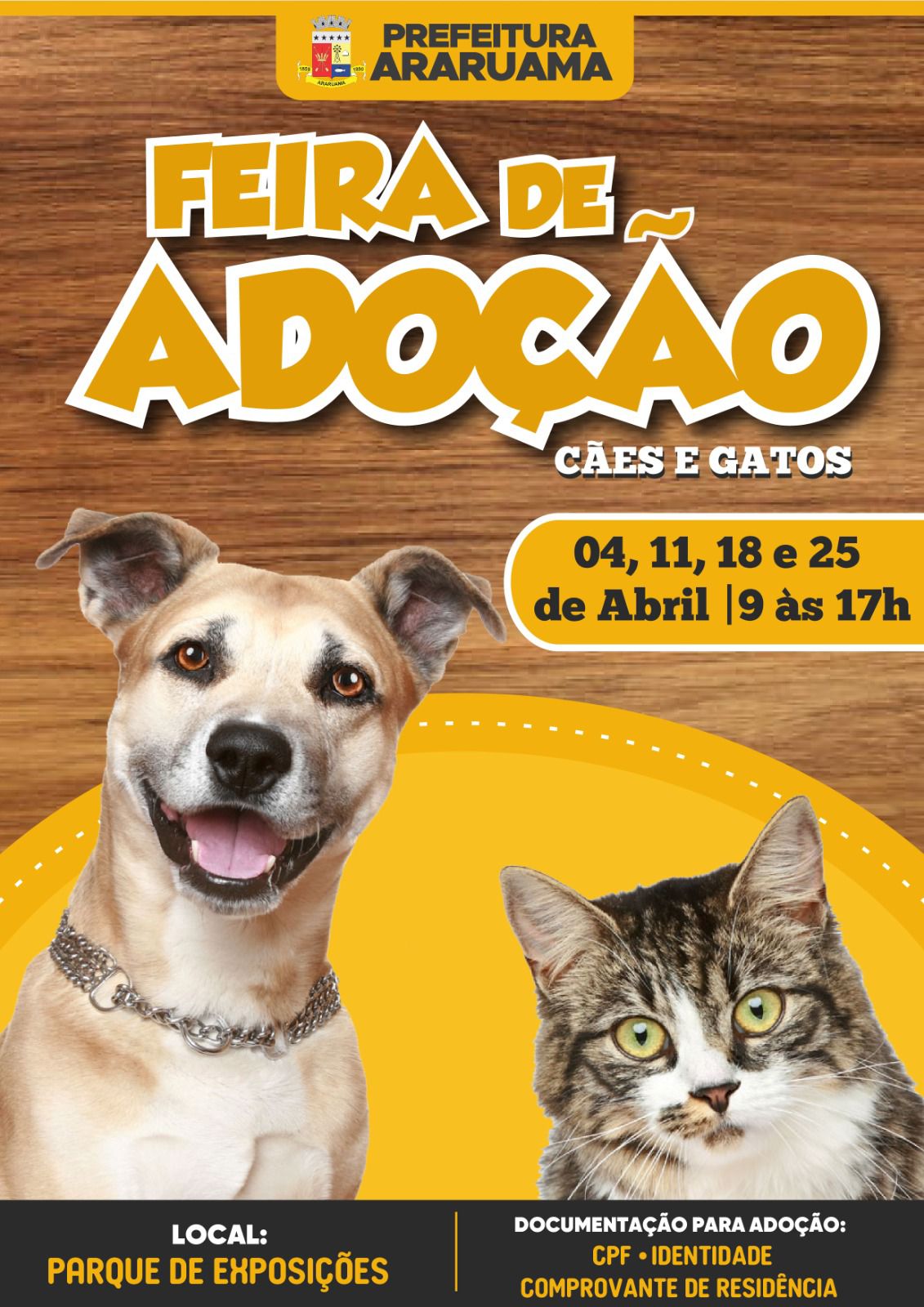 Prefeitura de Araruama vai realizar a Feira de Adoção de cães e gatos no Parque de Exposição Agropecuário