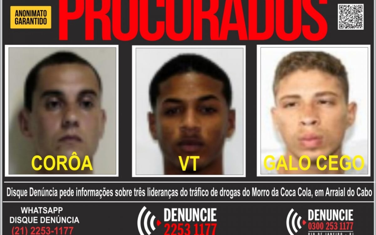 Três traficantes do Morro da Coca-Cola, em Arraial do Cabo, são procurados pelo Disque Denúncia | Arraial do Cabo - Rio de Janeiro