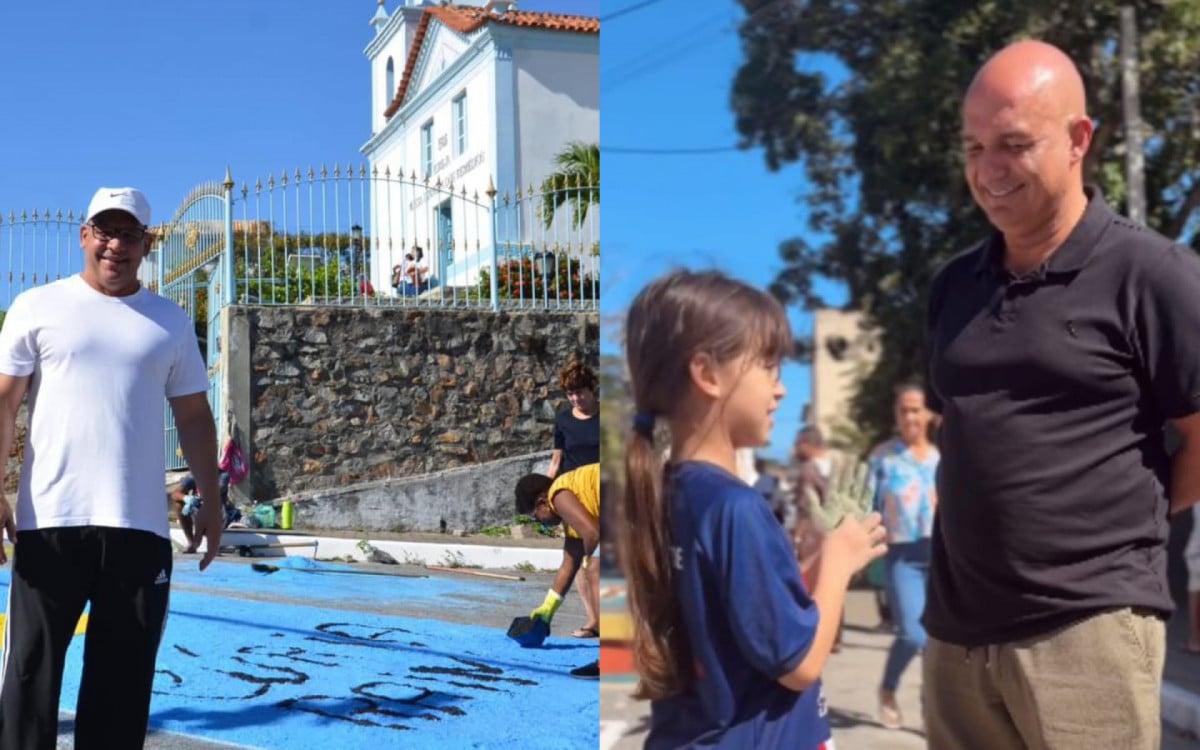 Prefeito de Arraial do Cabo, Marcelo Magno (PL) e prefeito de São Pedro da Aldeia, Fábio do Pastel (PL), prestigiando a confecção dos tapetes de sal