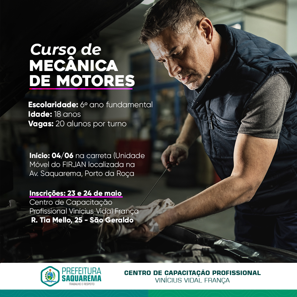 Saquarema: Centro de Capacitação oferece curso gratuito de Mecânica de Motores