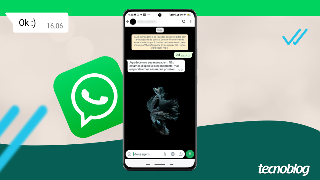 Ilustração de mensagem automática do WhatsApp Business exibida em um smartphone