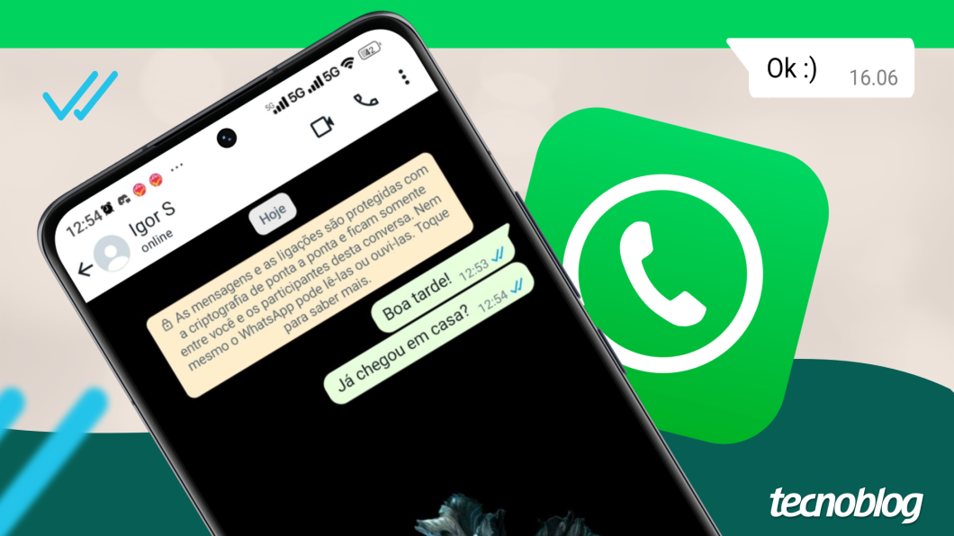 Ilustração de uma mensagem no WhatsApp com o sinal de confirmação de leitura
