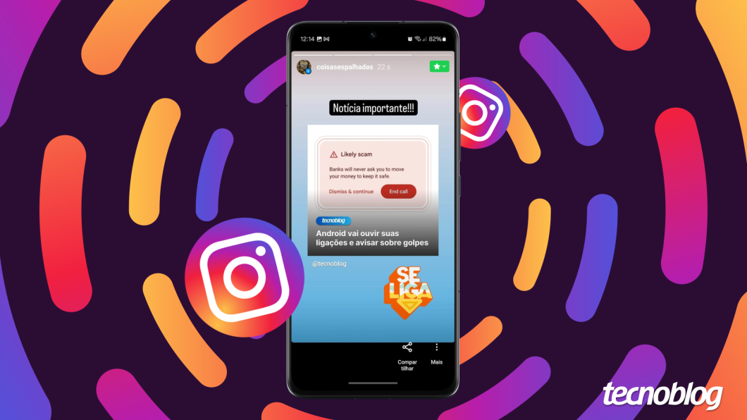 Ilustração mostra um celular com o exemplo de como compartilhar uma publicação do feed nos stories do Instagram