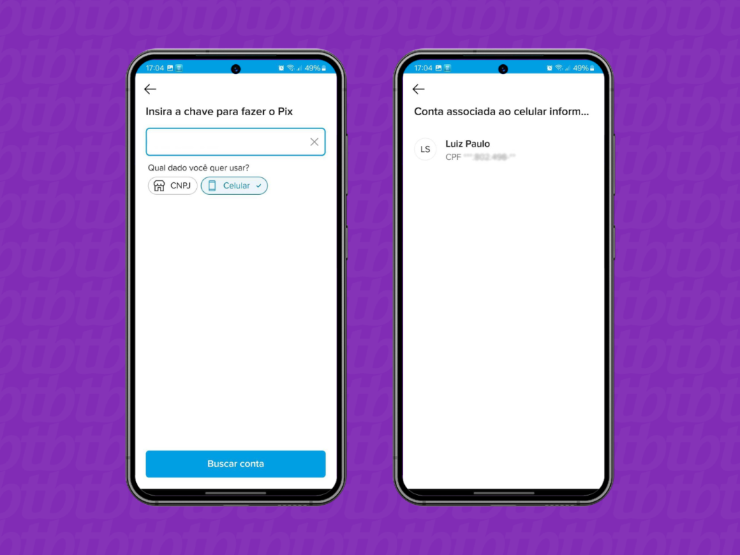 Capturas de tela do aplicativo Mercado Pago mostram como ver se o celular está associado a uma conta