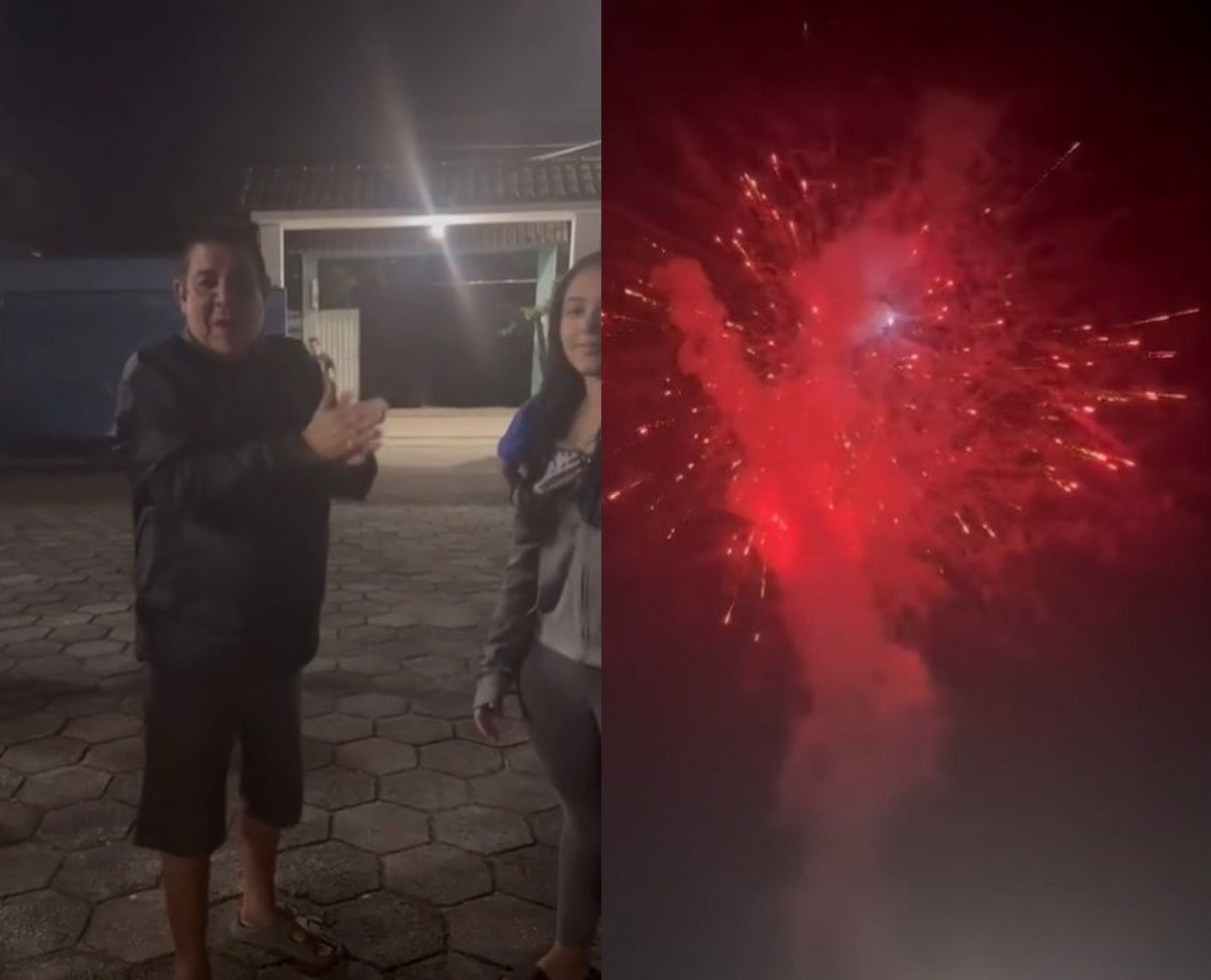 Zeca Pagodinho celebrando a chegada do neto com fogos em Xerém