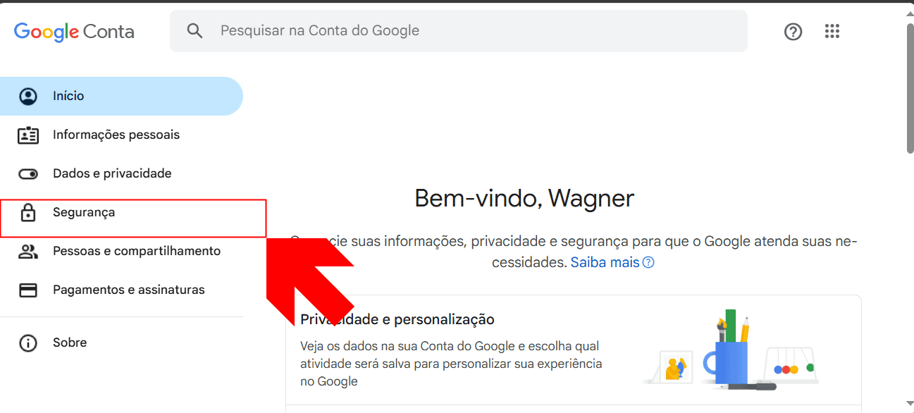 Imagem mostra painel de opções do gerenciamento de conta do google