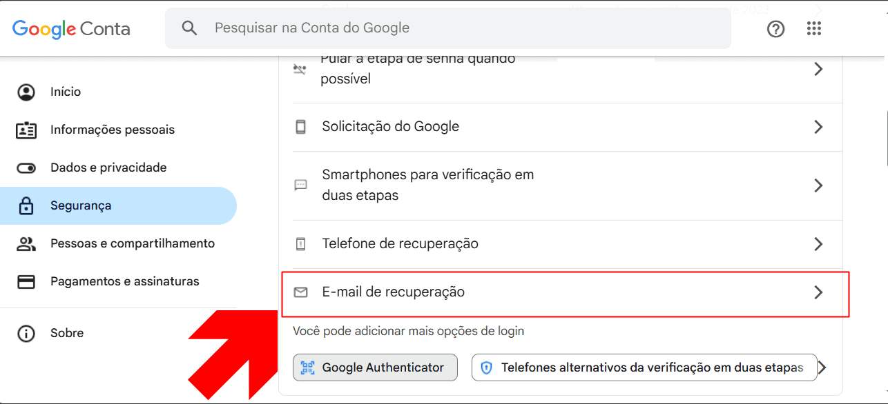 Imagem mostra o botão para inserir um e-mail de recuperação