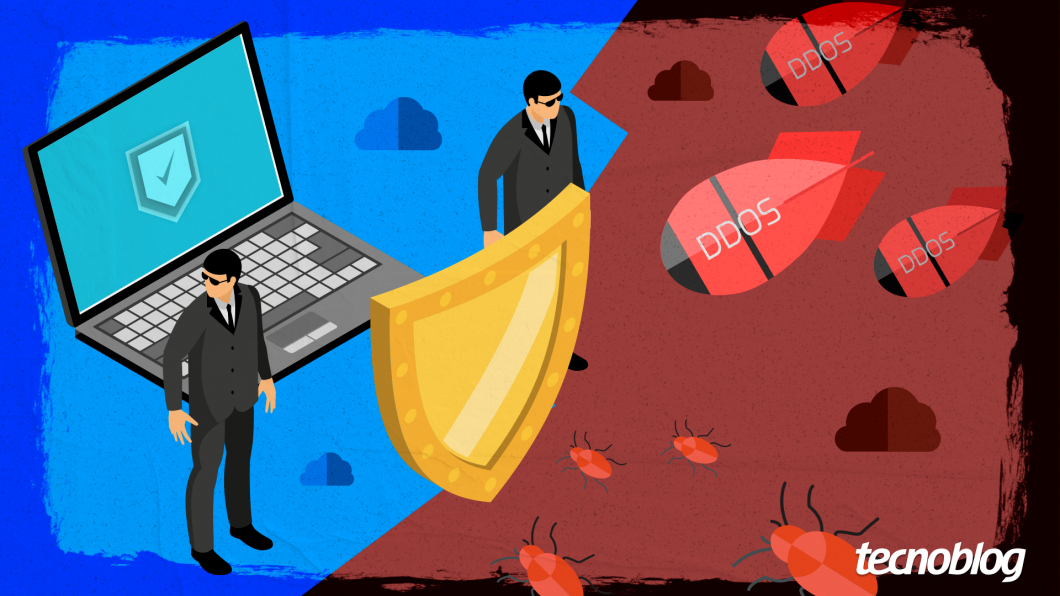 Ilustração mostra seguranças defendendo computador contra vírus de computador e bombas que simulam ataques DDoS; esquema representa o conceito de cibersegurança
