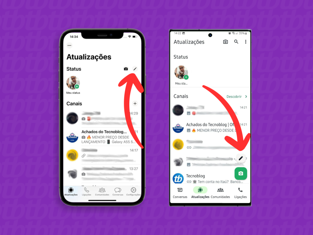 Capturas de tela do WhatsApp no iPhone e no Android mostrando como acessar o menu de criação do Status