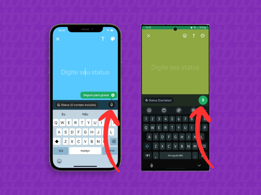 Capturas de tela do WhatsApp no iPhone e no Android mostrando como usar o microfone para gravar mensagem de voz para o Status