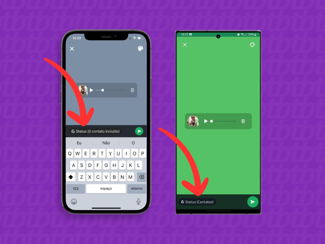 Capturas de tela do WhatsApp no iPhone e no Android mostrando a opção Status (Contatos)