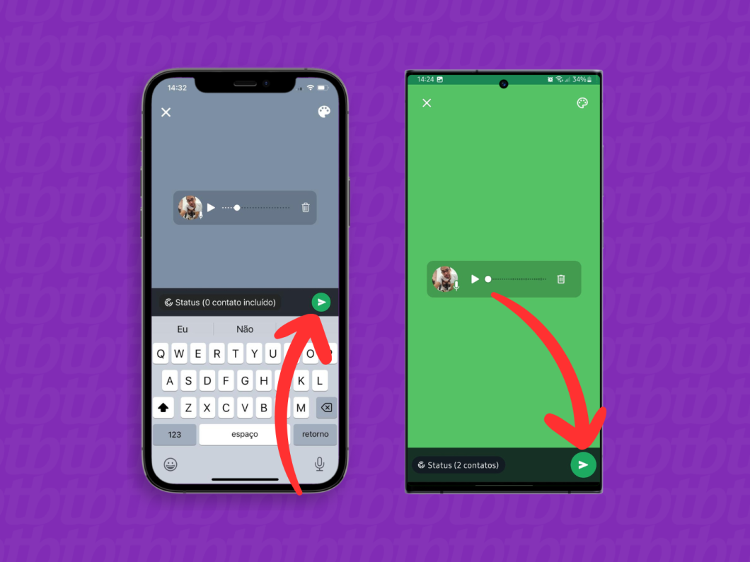 Capturas de tela do WhatsApp no iPhone e no Android mostrando como publicar o Status com áudio