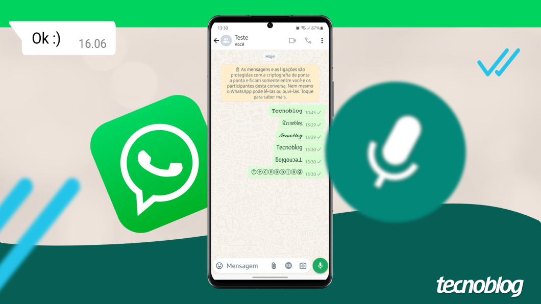 Ilustração mostra a tela de uma conversa no WhatsApp com mensagens com o nome Tecnoblog em diferentes fontes