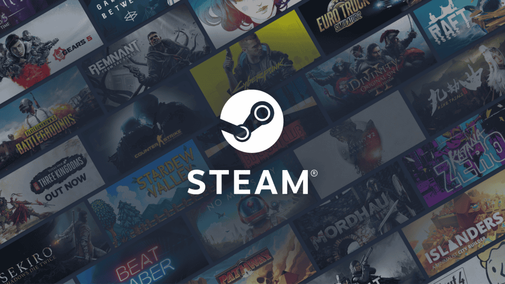 Logo da Steam com uma variedade de jogos ao fundo