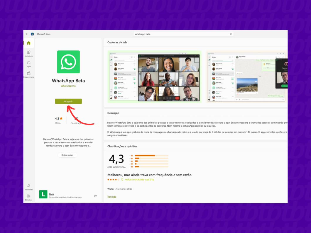 Baixando o WhatsApp Beta pela Microsoft Store
