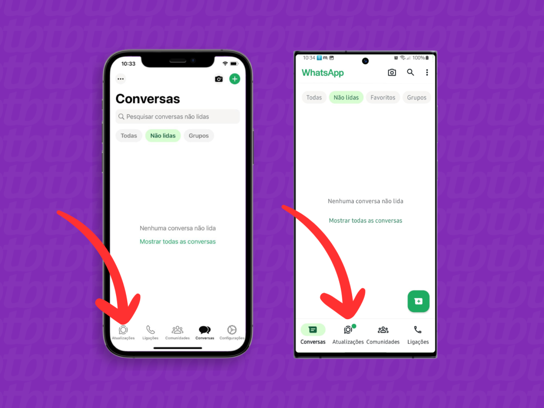 Capturas de tela do aplicativo WhatsApp no iPhone e no Android mostram como acessar a aba Atualizações