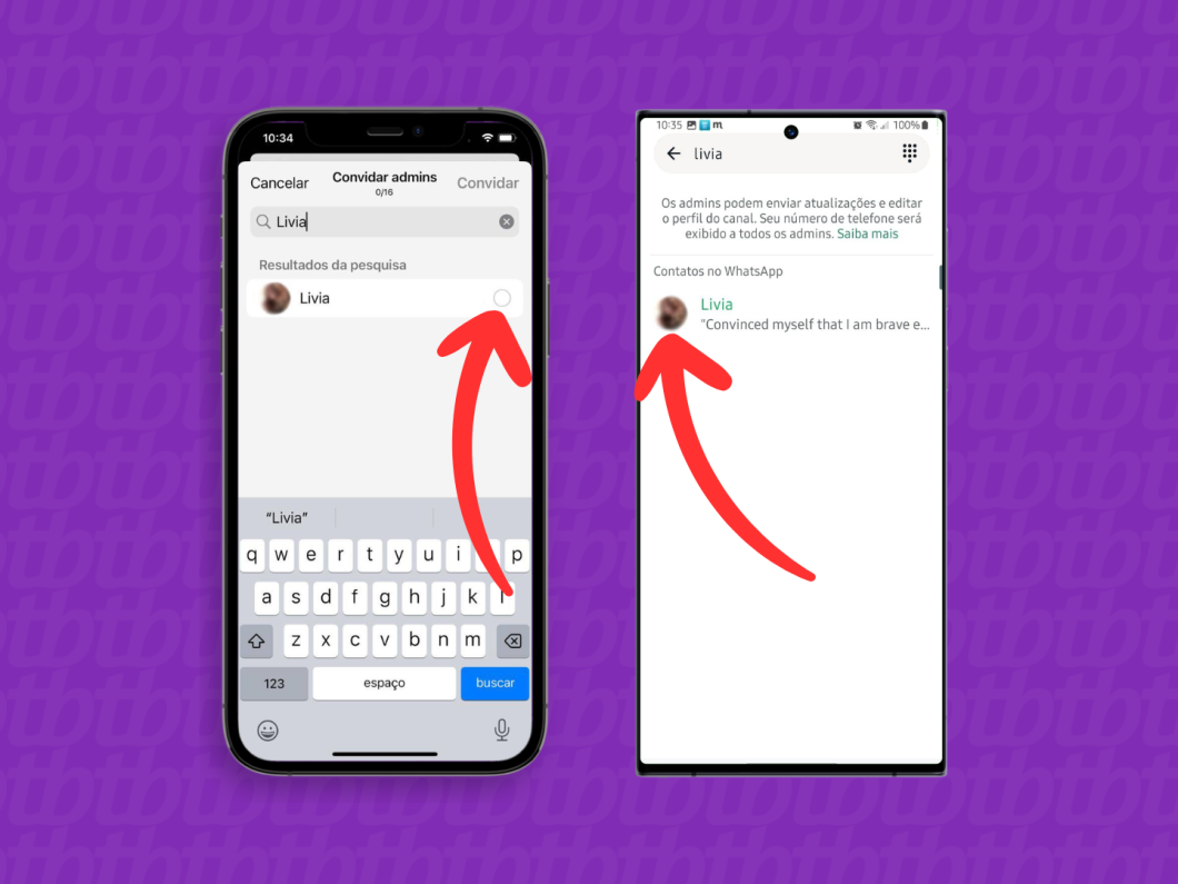 Capturas de tela do aplicativo WhatsApp no iPhone e no Android mostram como selecionar o contato para ser admin