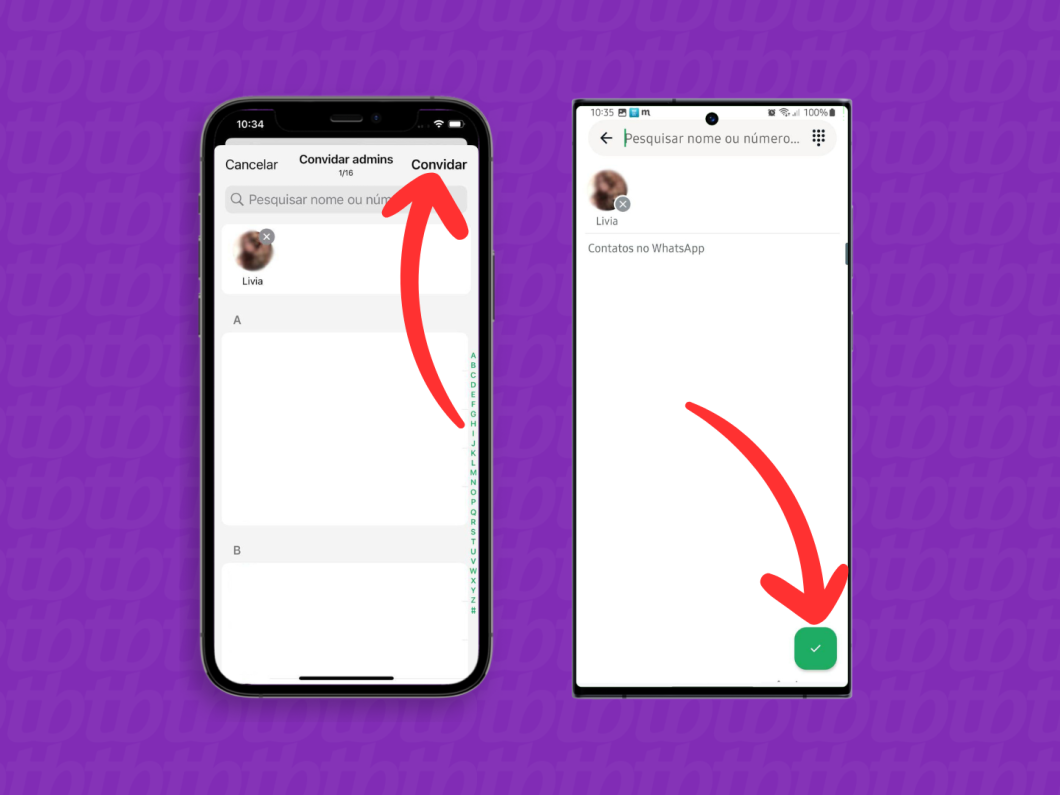 Capturas de tela do aplicativo WhatsApp no iPhone e no Android mostram como convidar um contato para ser admin