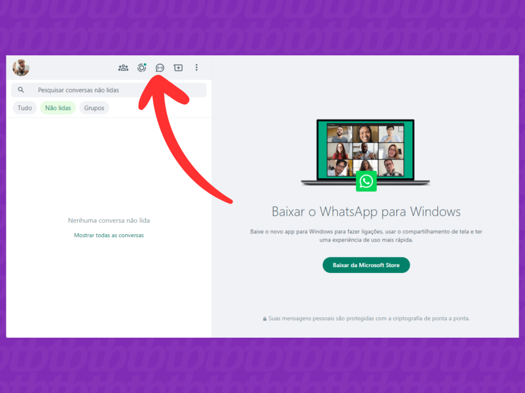 Captura de tela do site WhatsApp Web mostra como acessar a aba Canais