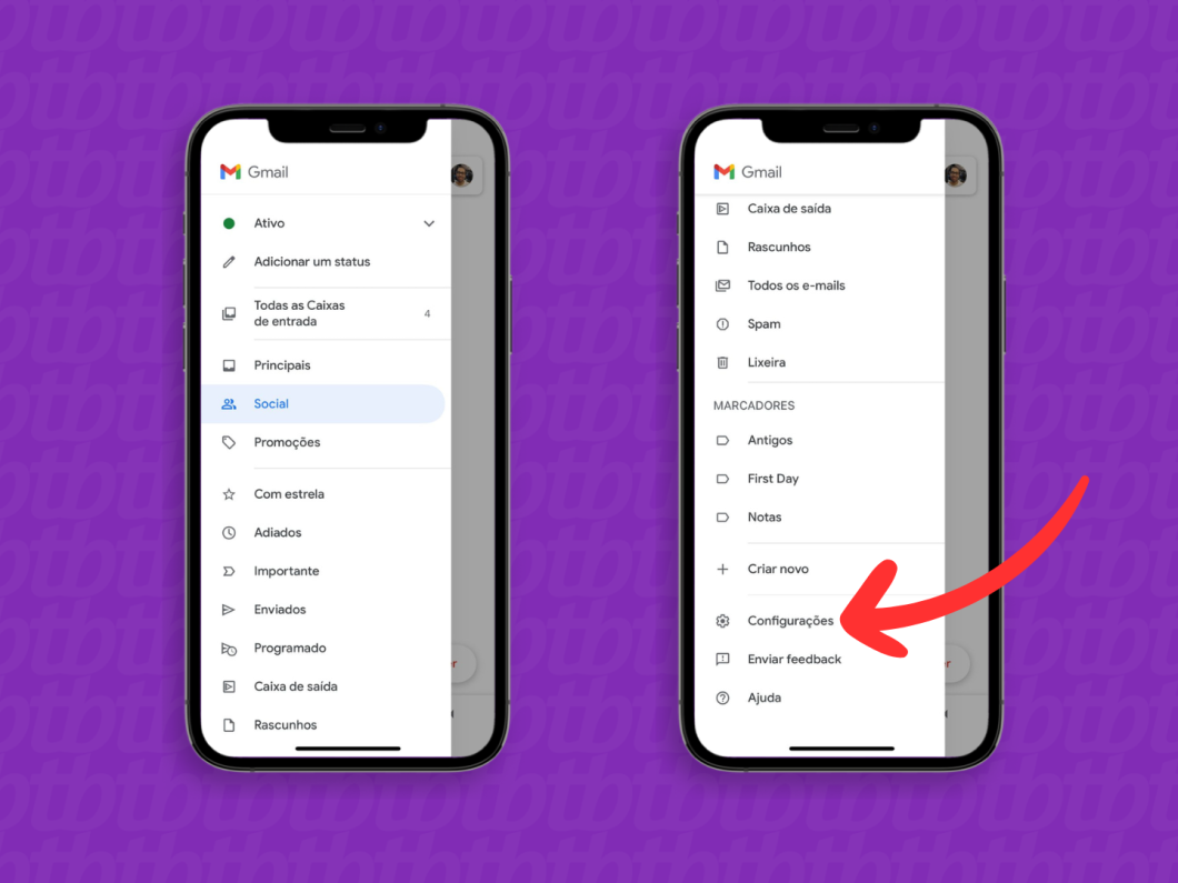 Captura de tela do aplicativo Gmail no iPhone mostra como acessar as configurações