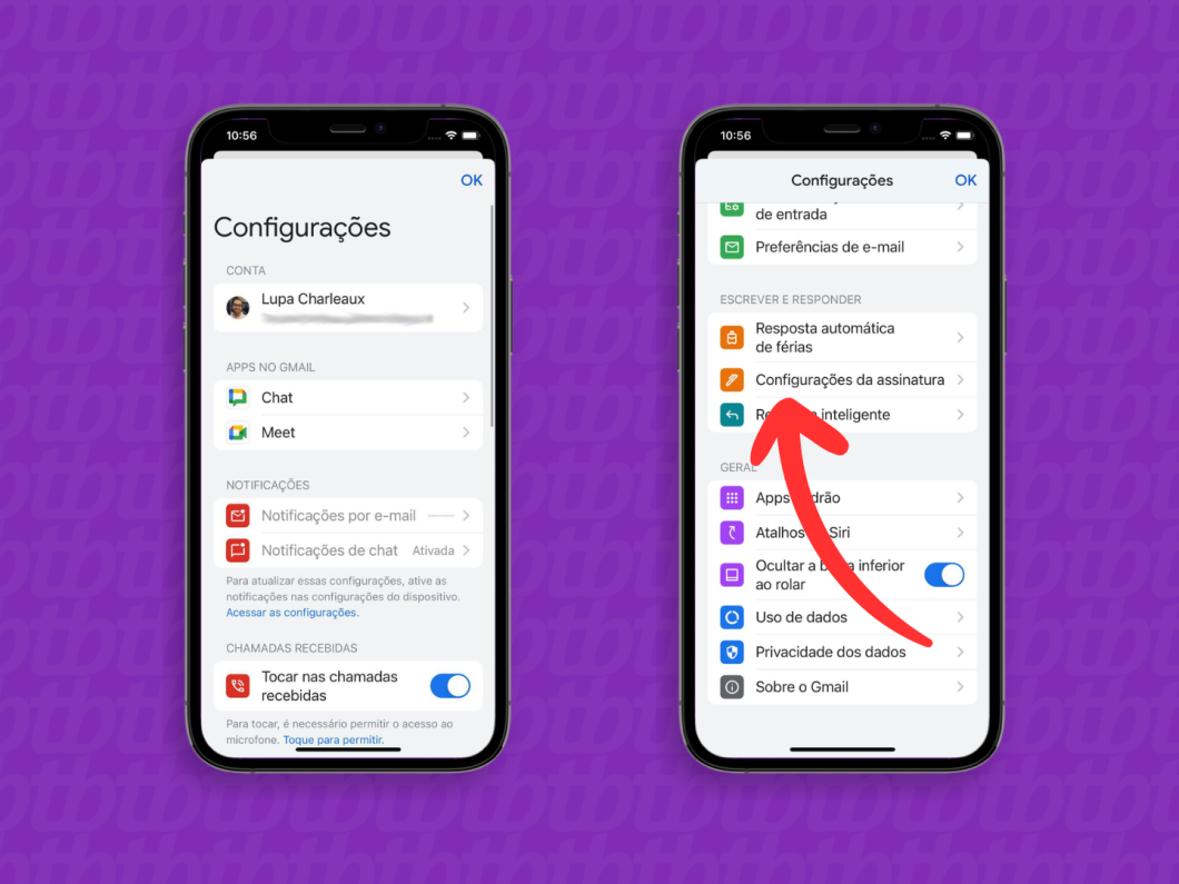 Captura de tela do aplicativo Gmail no iPhone mostra como acessar as configurações da assinatura