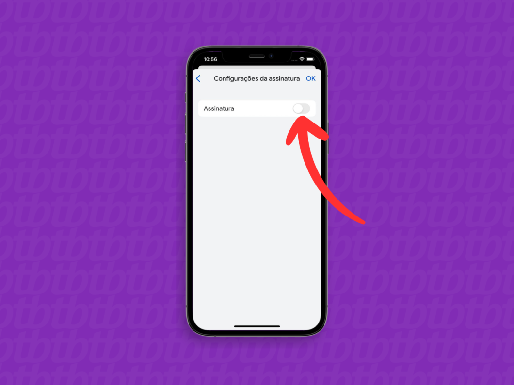 Captura de tela do aplicativo Gmail no iPhone mostra como ativar o recurso assinatura