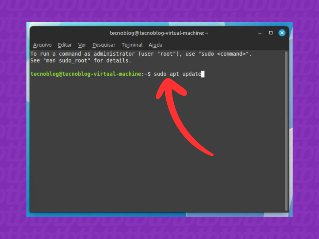 Captura de tela do Terminal Linux mostra como atualizar os pacotes do sistema