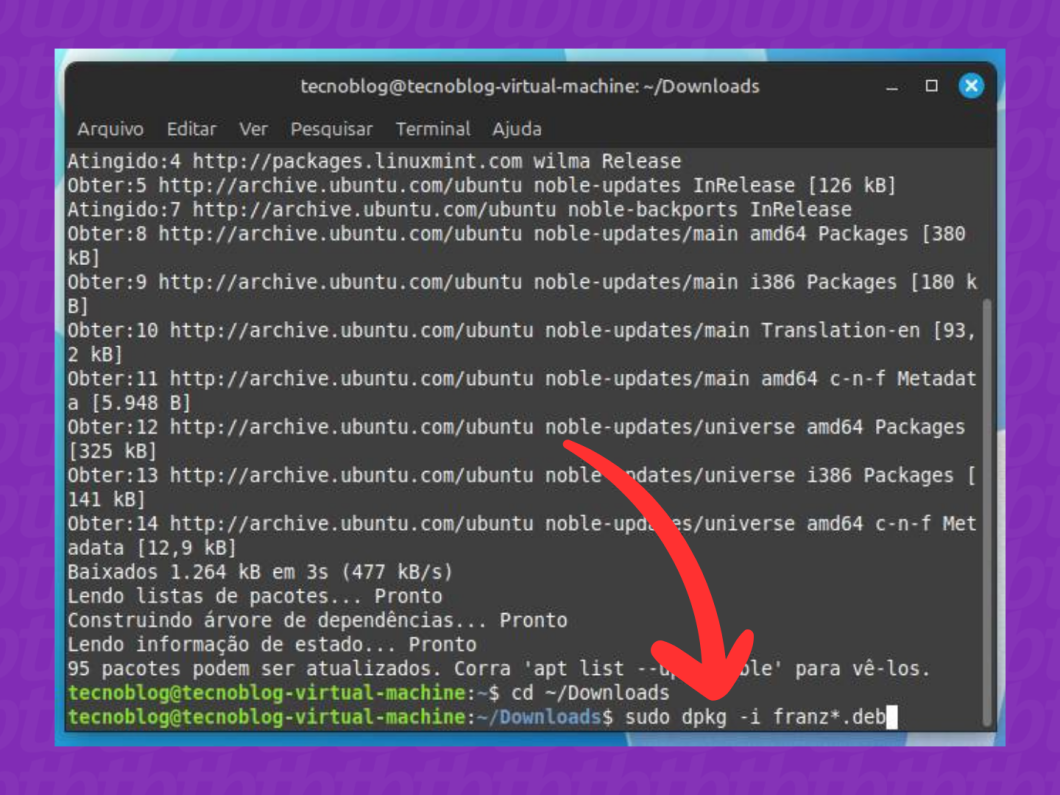 Captura de tela do Terminal Linux mostra como instalar o aplicativo Franz