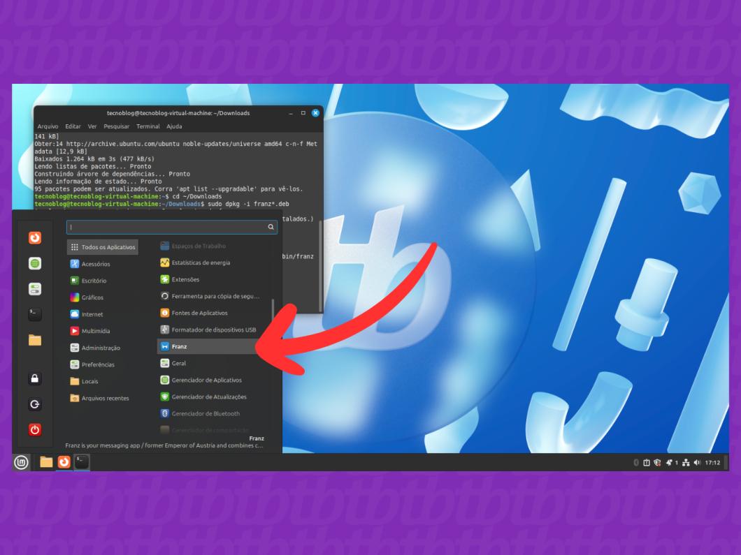 Captura de tela do Linux mostra como abrir o aplicativo Franz