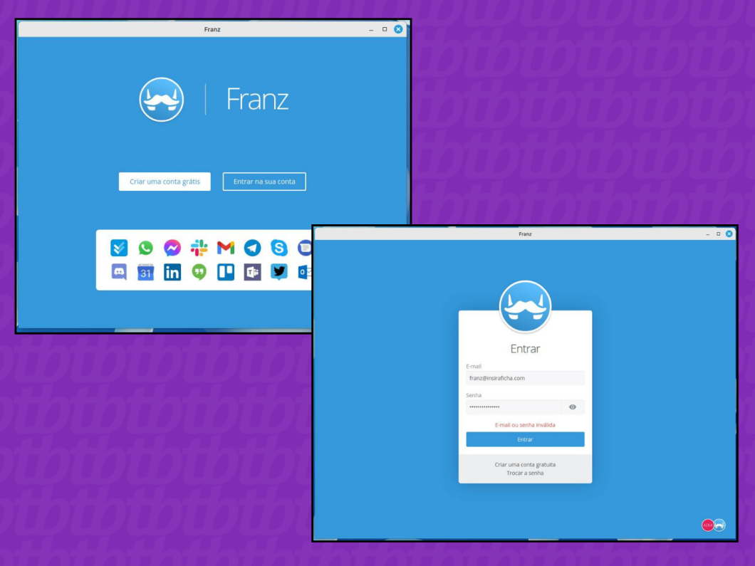 Captura de tela do Franz mostrando como fazer login no aplicativo