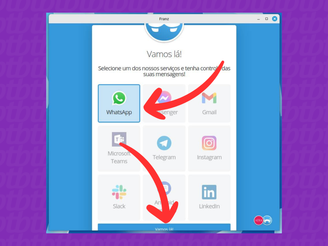 Captura de tela do Franz mostra como escolher o serviço WhatsApp