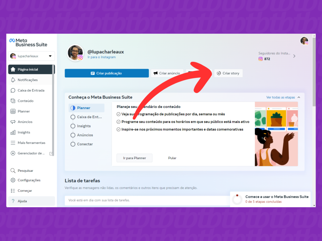 Captura de tela do Meta Business Suite mostrando como acessar o menu 'Criar Story'