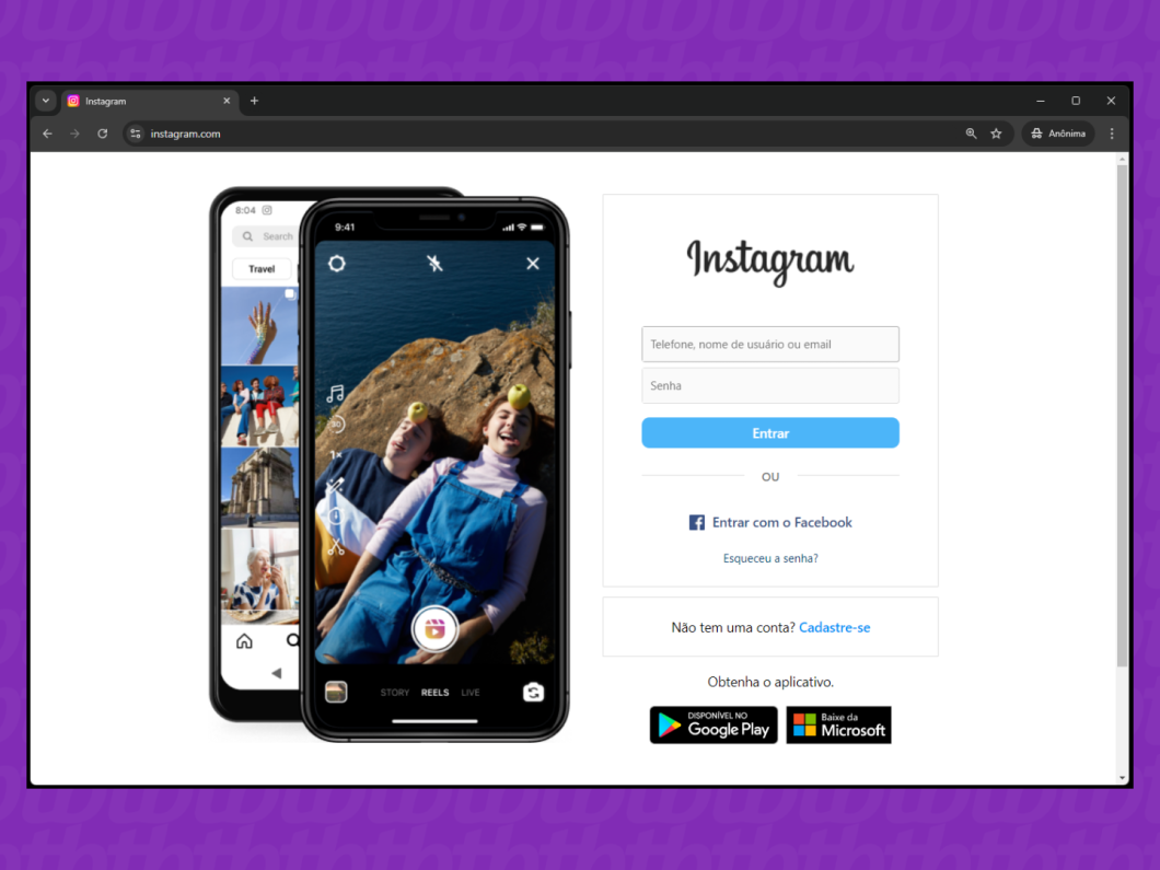 Captura de tela do Google Chrome mostrando como acessar o Instagram