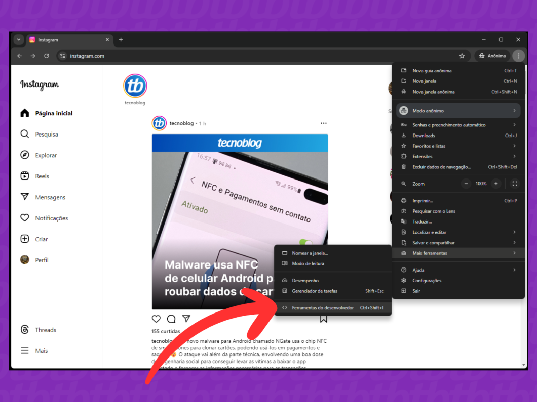 Captura de tela do Google Chrome mostrando como selecionar Ferramentas do desenvolvedor
