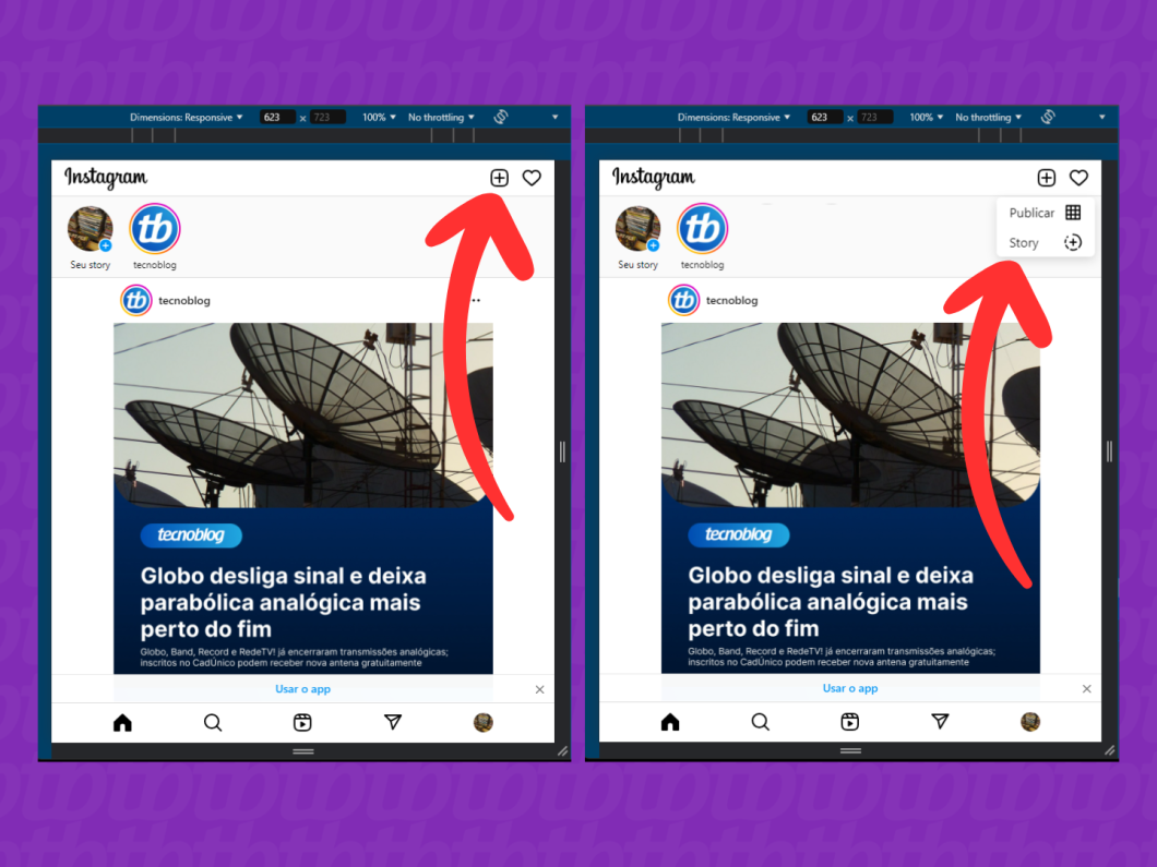 Captura de tela do Google Chrome mostrando como criar um story do Instagram pelo navegador