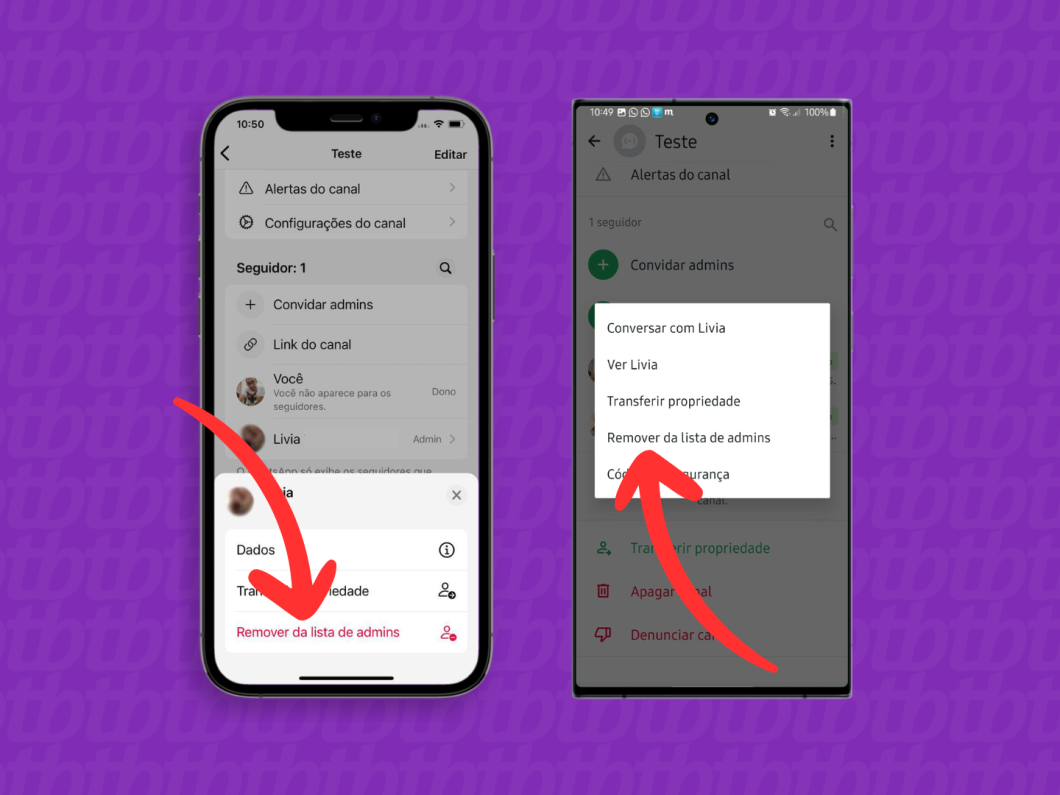 Capturas de tela do aplicativo WhatsApp no iPhone e no Android mostram como usar a opção Remover da lista de admins