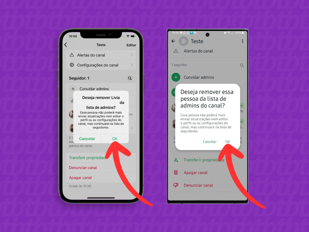 Capturas de tela do aplicativo WhatsApp no iPhone e no Android mostram como confirmar a remoção do admin