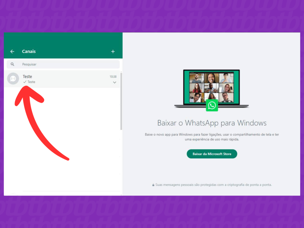 Captura de tela do site WhatsApp Web mostra como acessar a aba Canais