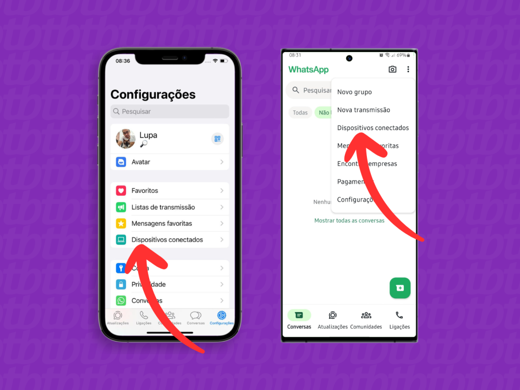 Capturas de tela do aplicativo WhatsApp no iPhone e no Android mostram como acessar o menu 'Dispositivos conectados'