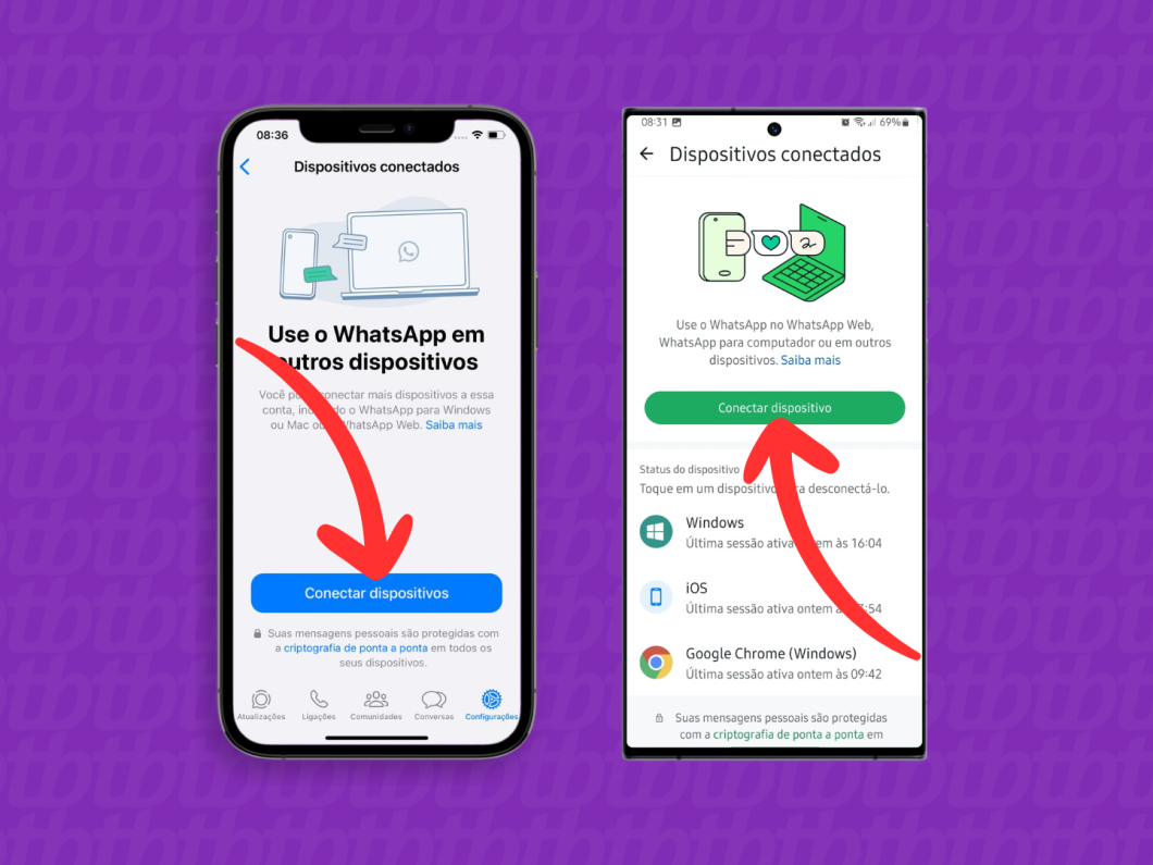 Capturas de tela do aplicativo WhatsApp no iPhone e no Android mostram como acessar a opção 'Conectar Dispositivo'