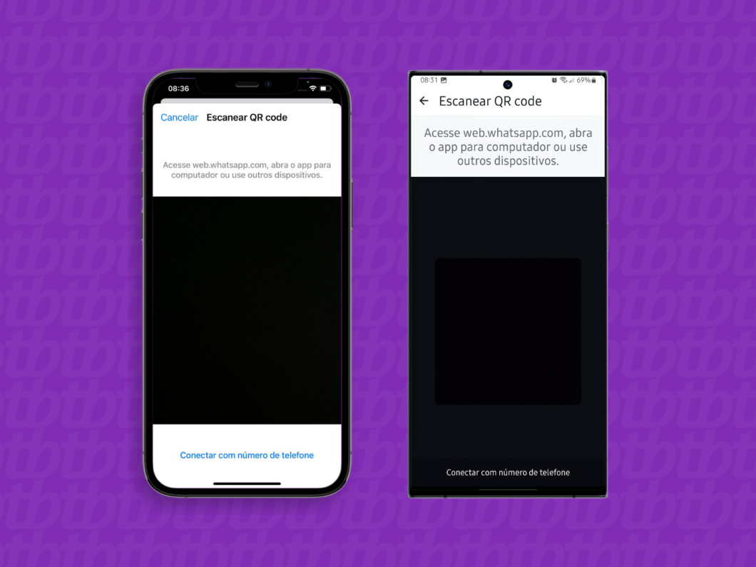 Capturas de tela do aplicativo WhatsApp no iPhone e no Android mostrando como escanear o QR code do site do WhatsApp Web