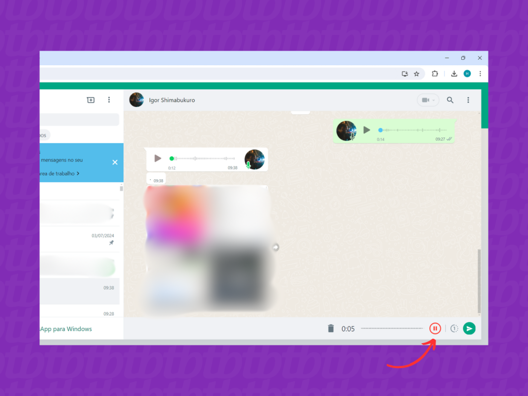 Pausando o áudio antes do envio no WhatsApp Web