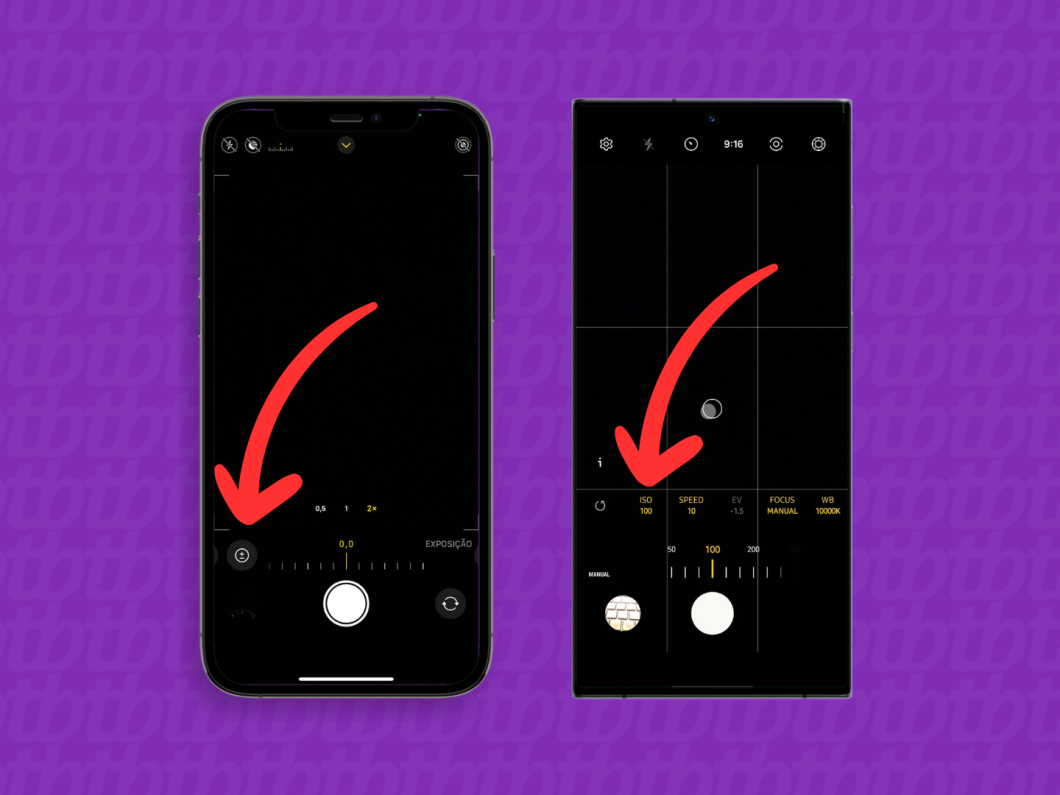 Capturas de tela de iPhone e Android mostrando como ajustar a ISO da câmera