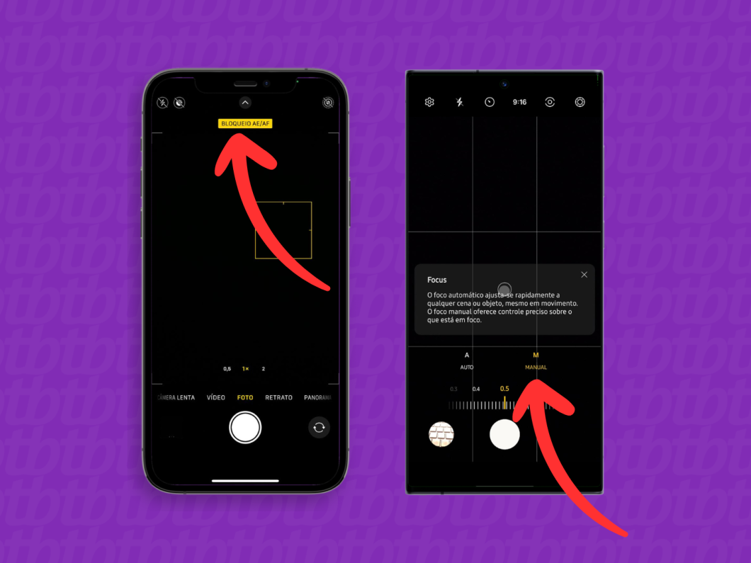 Capturas de tela de iPhone e Android mostrando como ativar o foco manual