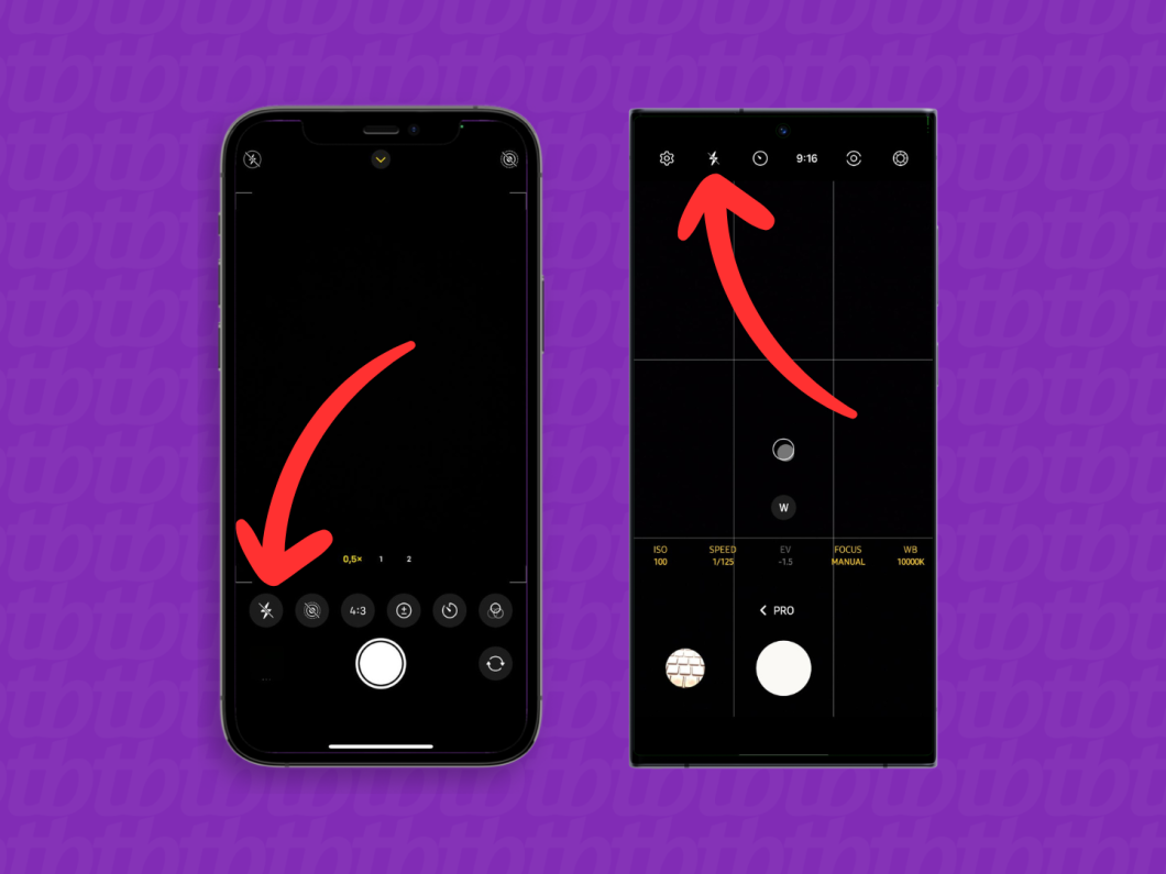Capturas de tela de iPhone e Android mostrando como desativar o flash