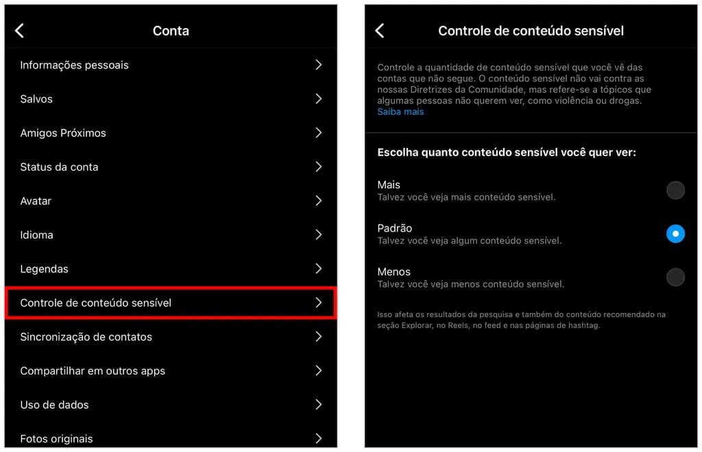 Controle de conteúdo sensível no Instagram