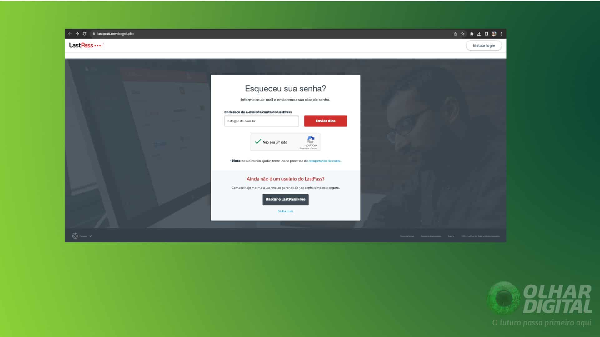 Formulário de recuperação de senha do LastPass